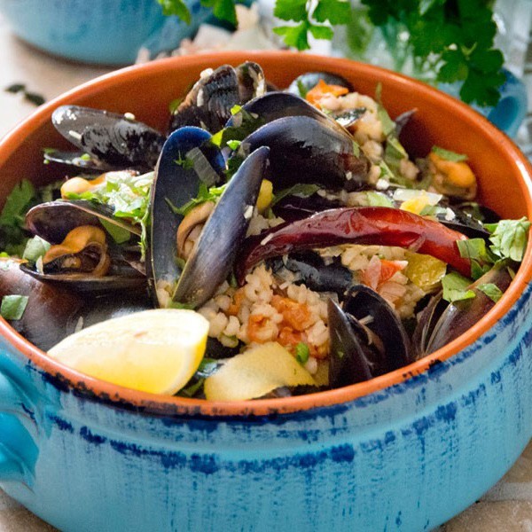 Mussels steamed with white wine, tomato and basil