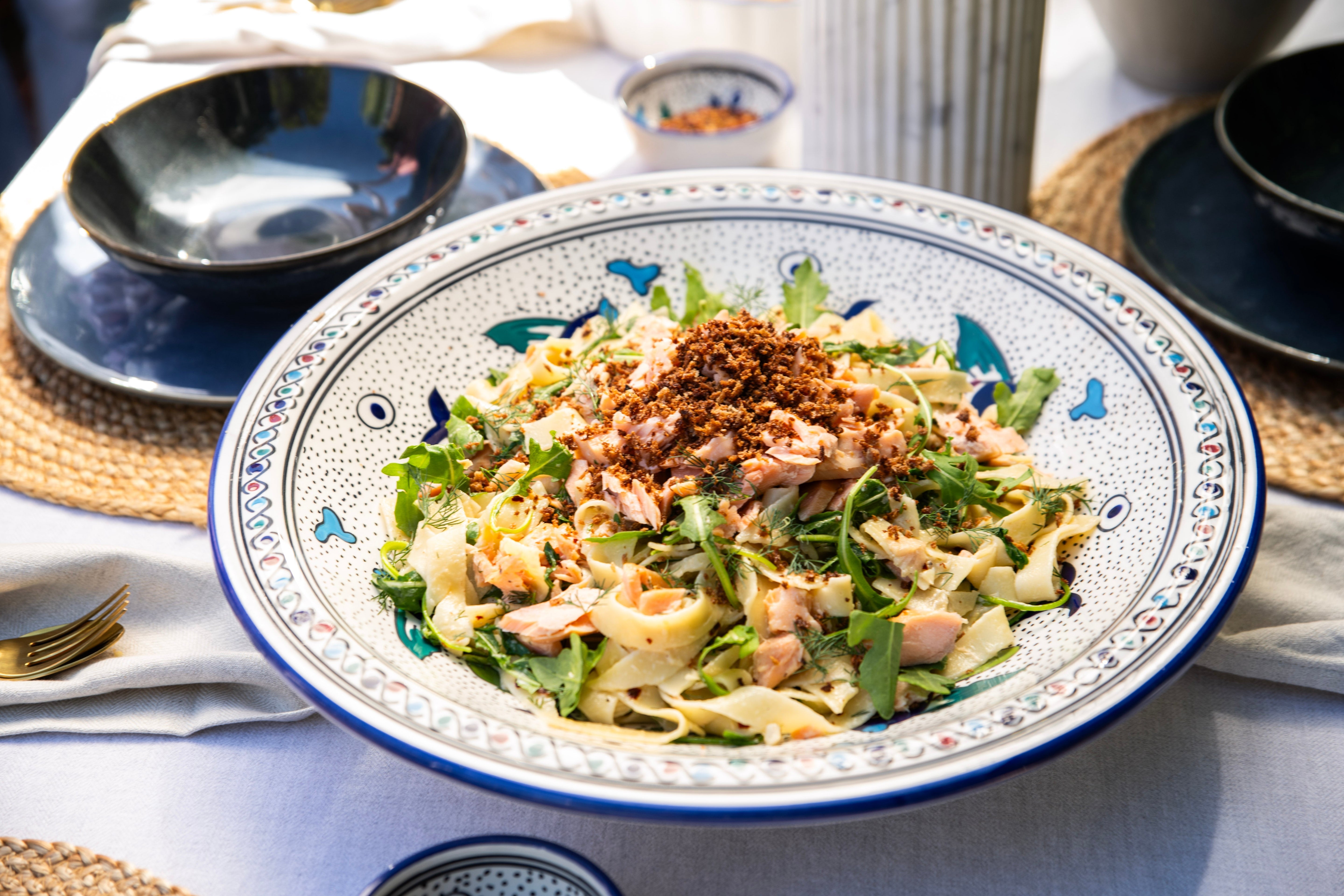 Smoked Salmon & Rocket Pappardelle with Crispy Capers & Breadcrumbs