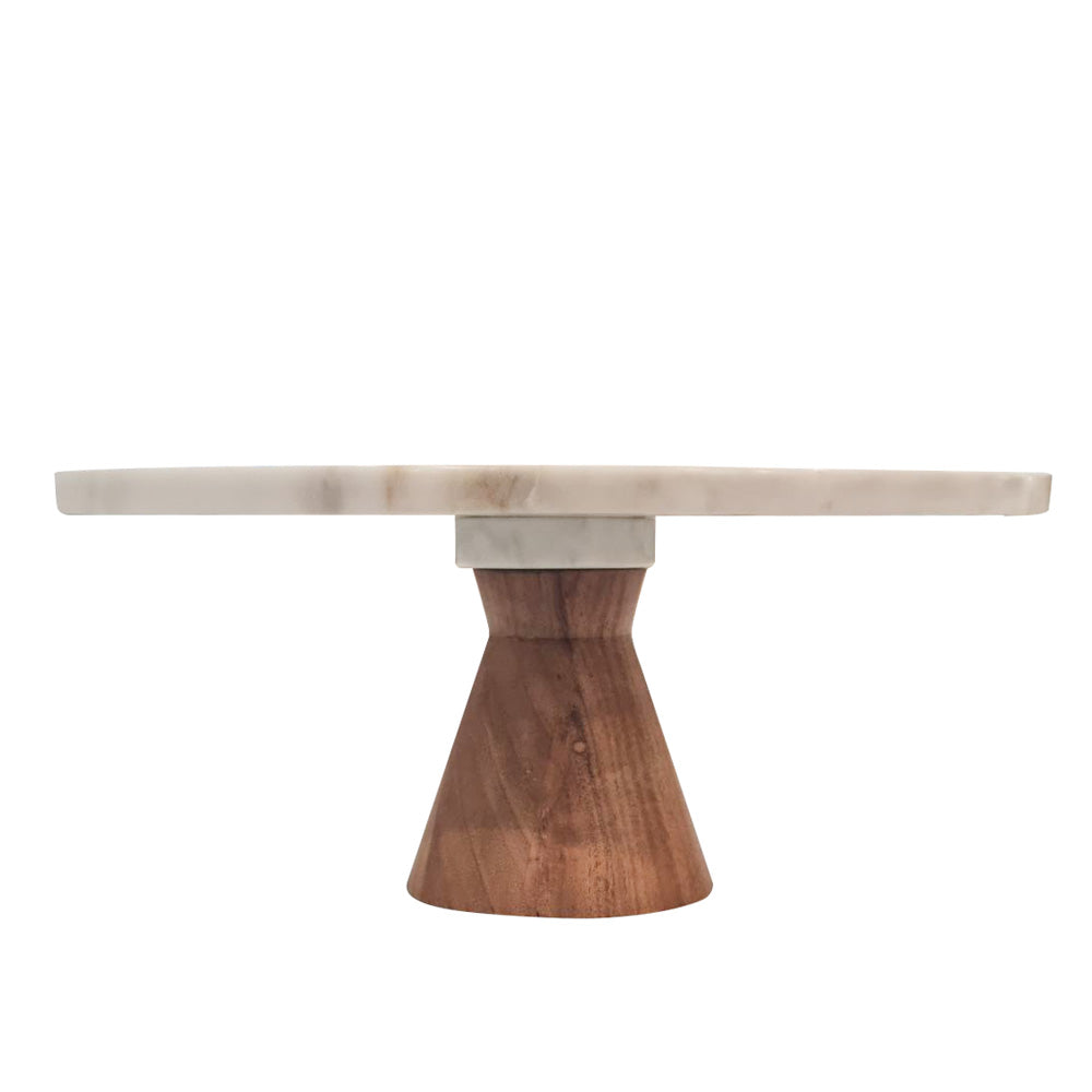 White Marble with Footed Wood Base Cake Stand 31x8cm