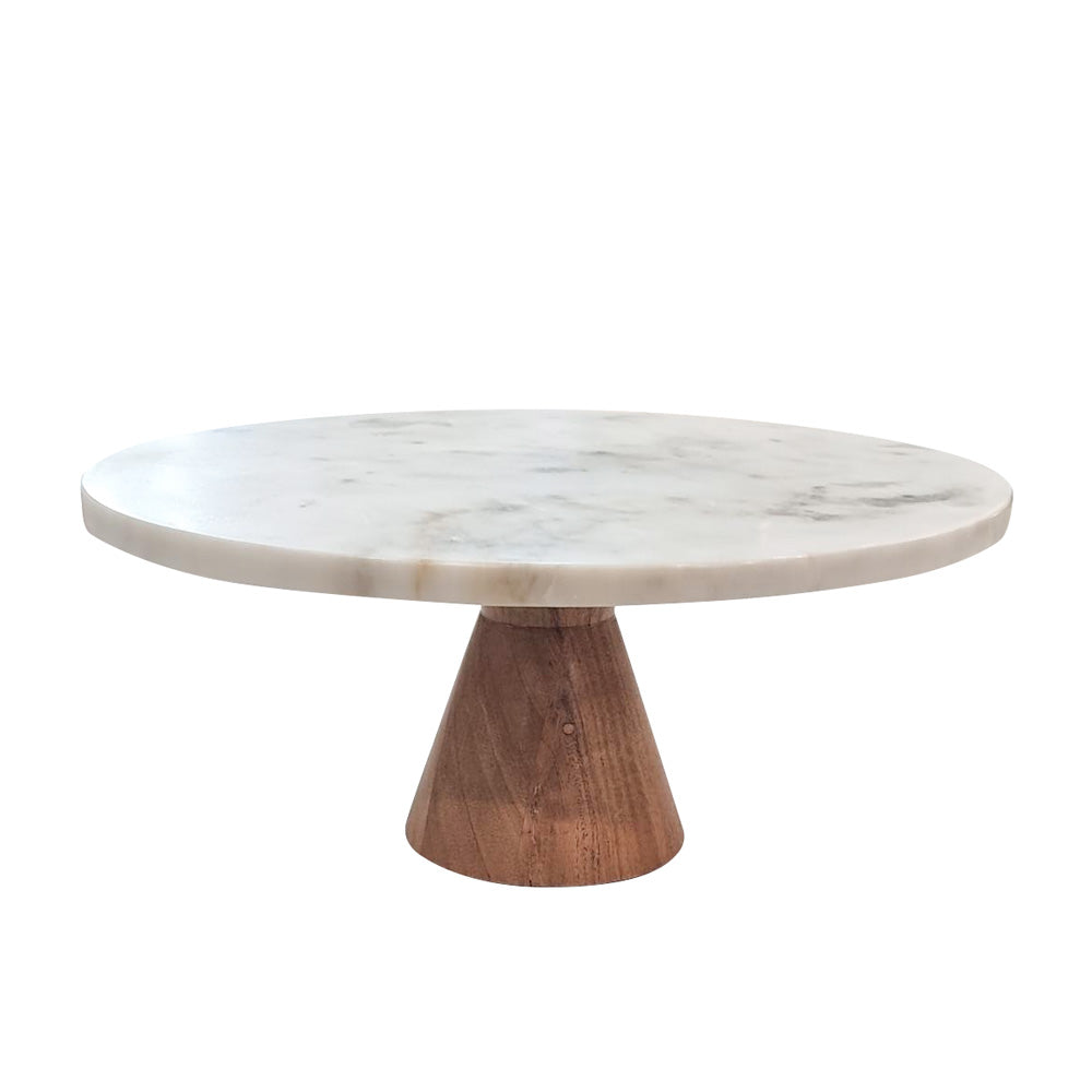 White Marble with Footed Wood Base Cake Stand 31x8cm