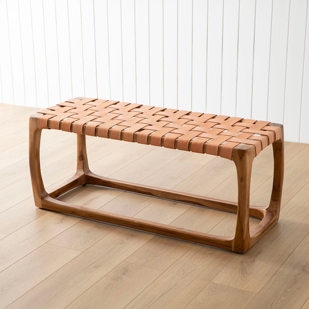 Natural Leather Weave 110x45cm Teakwood Bench