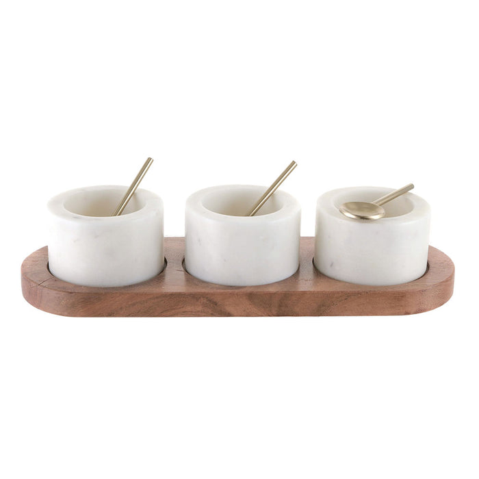 White Marble Condiment Set 3 Pots with Brass Spoons