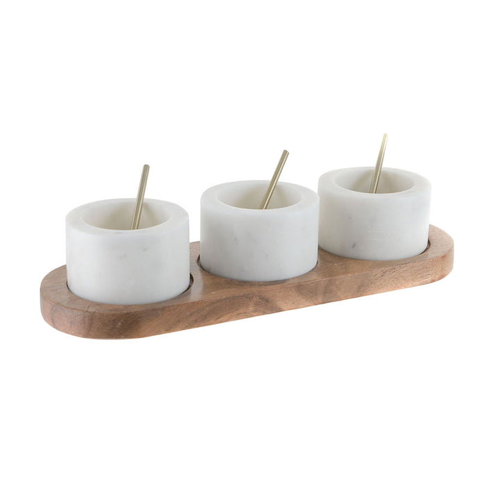 White Marble Condiment Set 3 Pots with Brass Spoons
