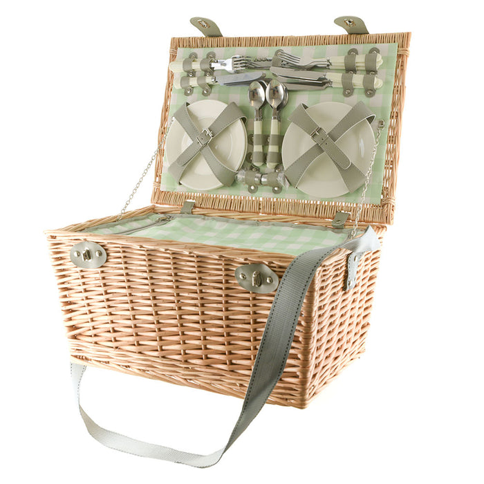 6 Person Picnic Basket Natural Wicker with Green Gingham