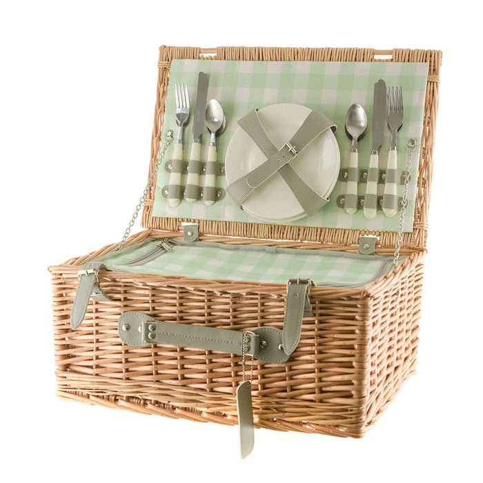 4 Person Picnic Basket Natural Wicker with Green Gingham