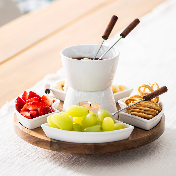 Fondue Set White Ceramic and Acacia Wood 10x12cm