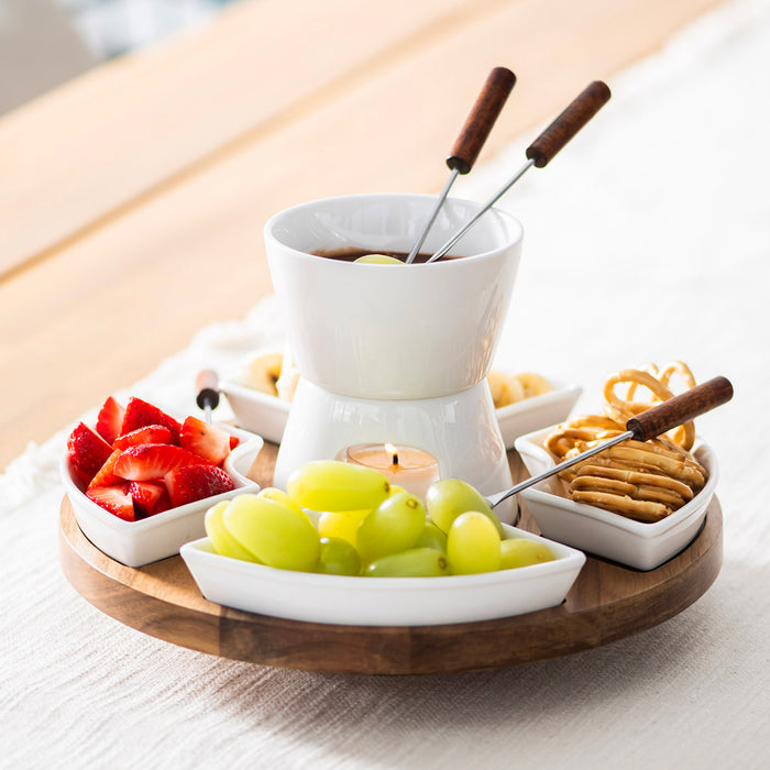 Fondue Set White Ceramic and Acacia Wood