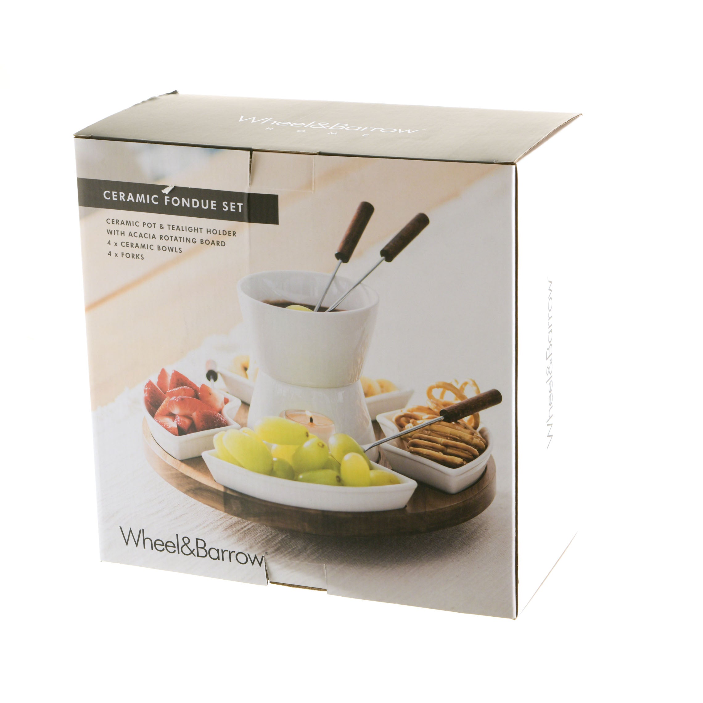 Fondue Set White Ceramic and Acacia Wood