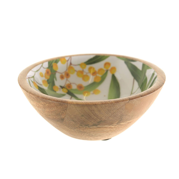 Mango Wood Bowl with Wattle Print Enamel 15x15x6cm