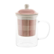 TEA GLASS with Lid/Filter New Bone Beige Plaid with Gold Rim 300ml