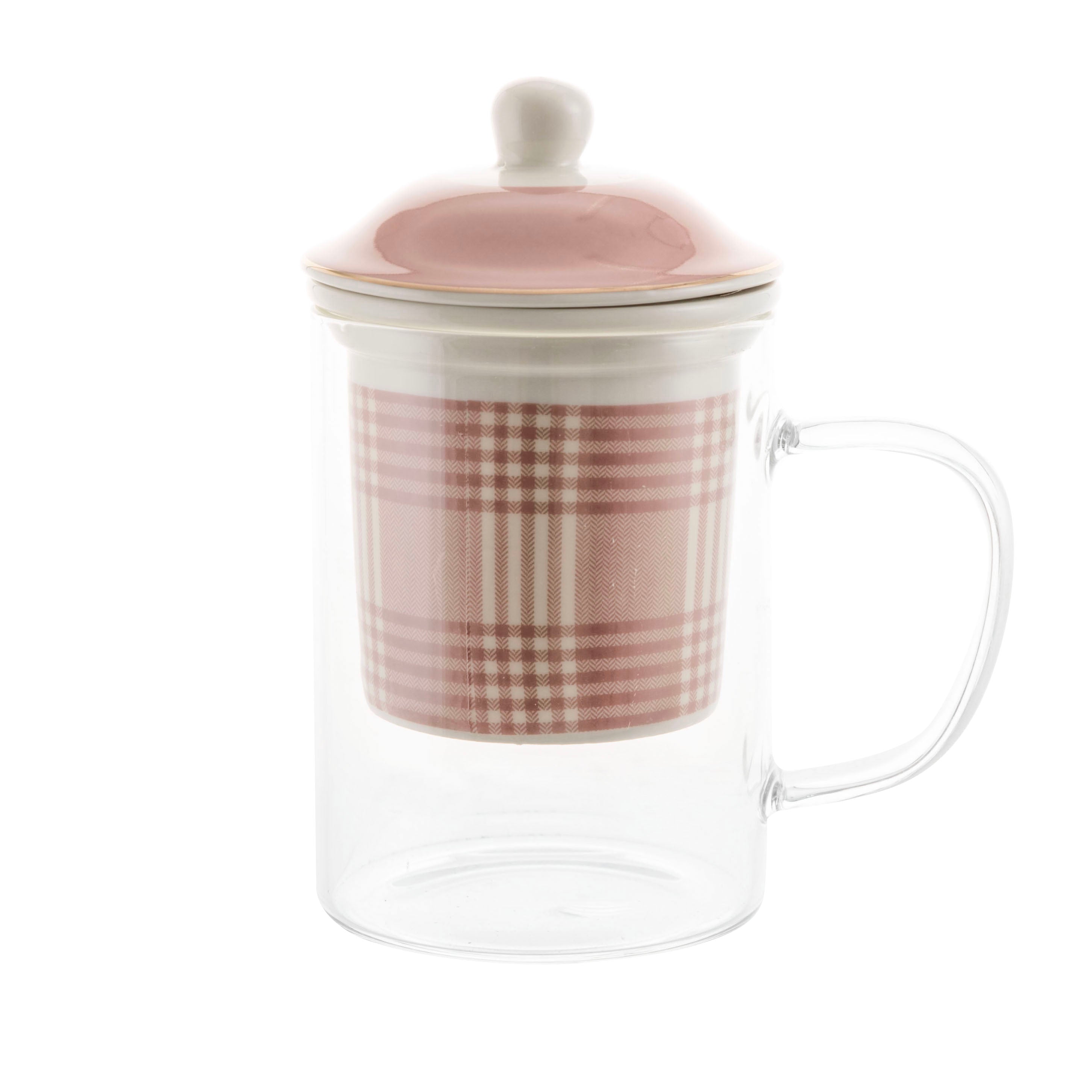 TEA GLASS with Lid/Filter New Bone Beige Plaid with Gold Rim 300ml