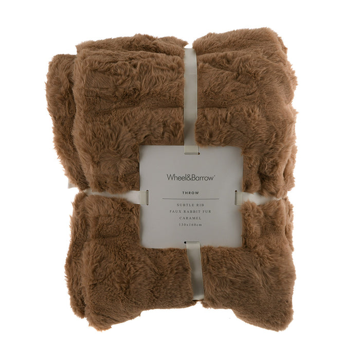 THROW Blanket Subtle Rib Faux Rabbit Fur Caramel 130x160cm