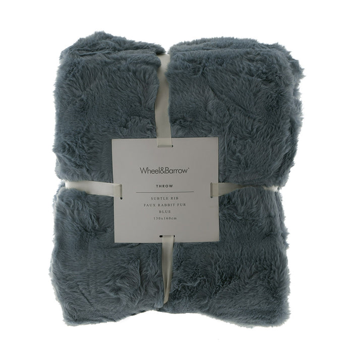 THROW Blanket Subtle Rib Faux Rabbit Fur Blue 130x160cm