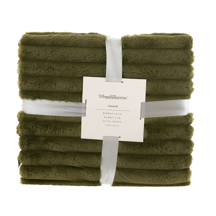 THROW Ribbed Faux Rabbit Fur Olive Green 130x160cm