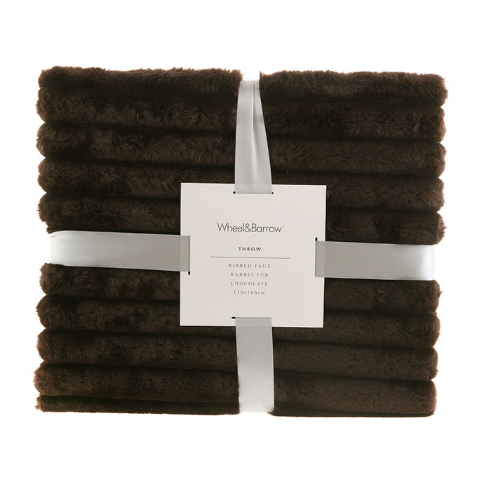 THROW Blanket Ribbed Faux Rabbit Fur Chocolate 130x160cm