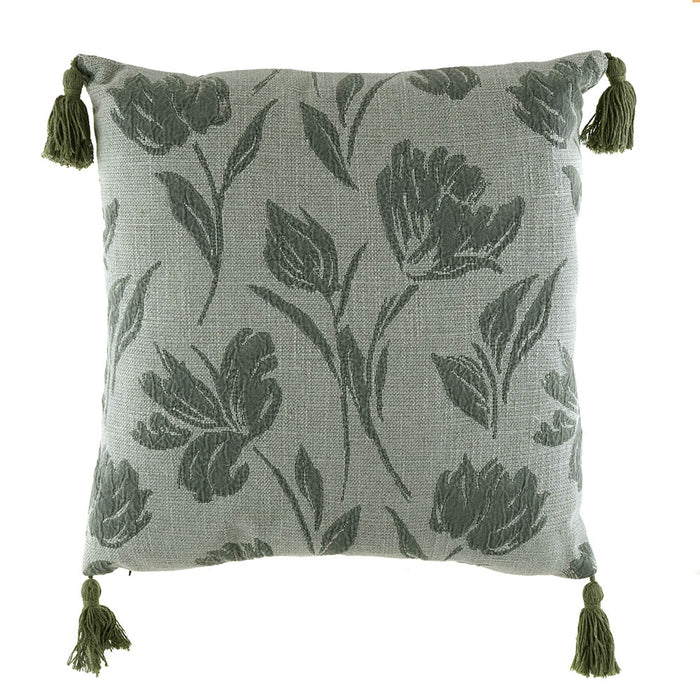 CUSHION Jacquard Florals with Tassels Green 50x50cm