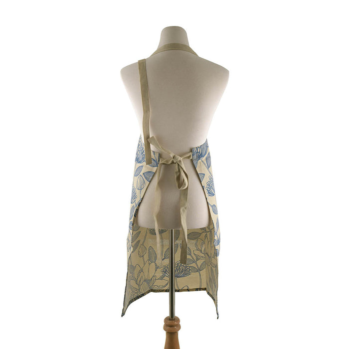 APRON Blue Print Lotus on Natural With Solid Pocket & Ties 70x90cm