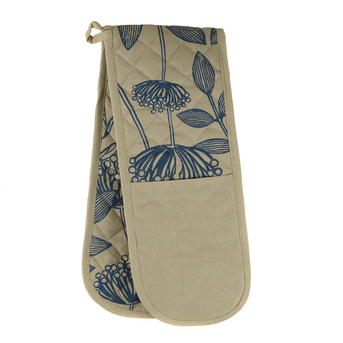 OVEN MITT Double Blue Print Lotus on Natural 18x90cm