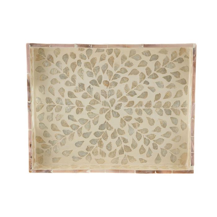 TRAY Decorative Rectangle Capiz Caramel/White Leaves 32x25cm