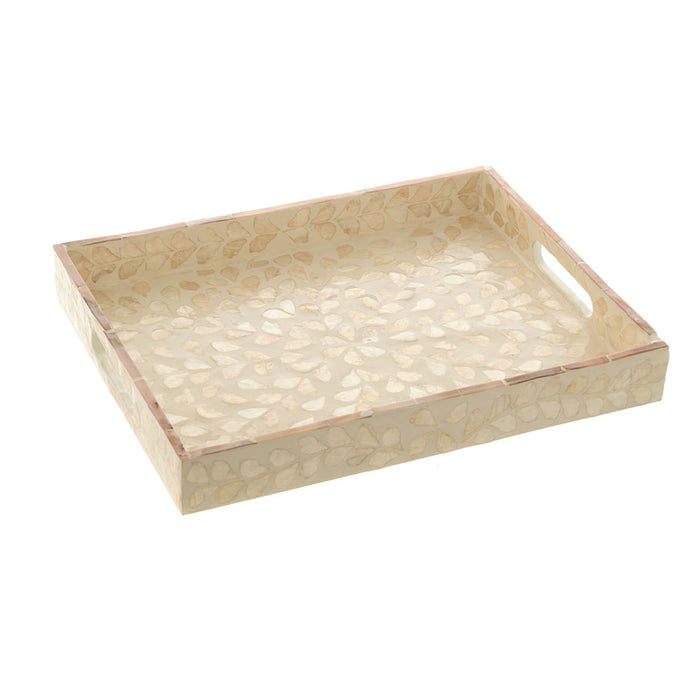 TRAY Decorative Rectangle Capiz Caramel/White Leaves 32x25cm