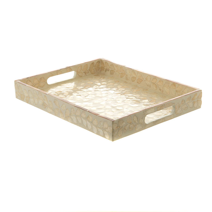 TRAY Decorative Rectangle Capiz Caramel/White Leaves 32x25cm