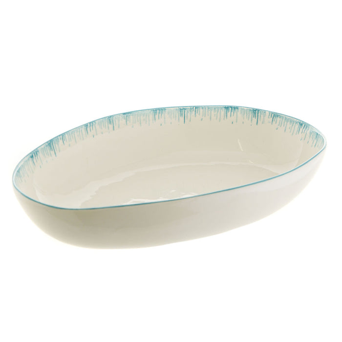 BOWL Oval Ceramic Drip Edge Aqua 35x24x8cm