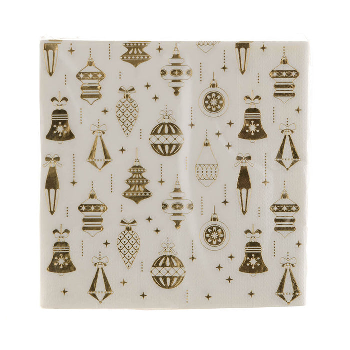 PAPER NAPKIN XMAS Baubles Gold Foil 33cm Pk20