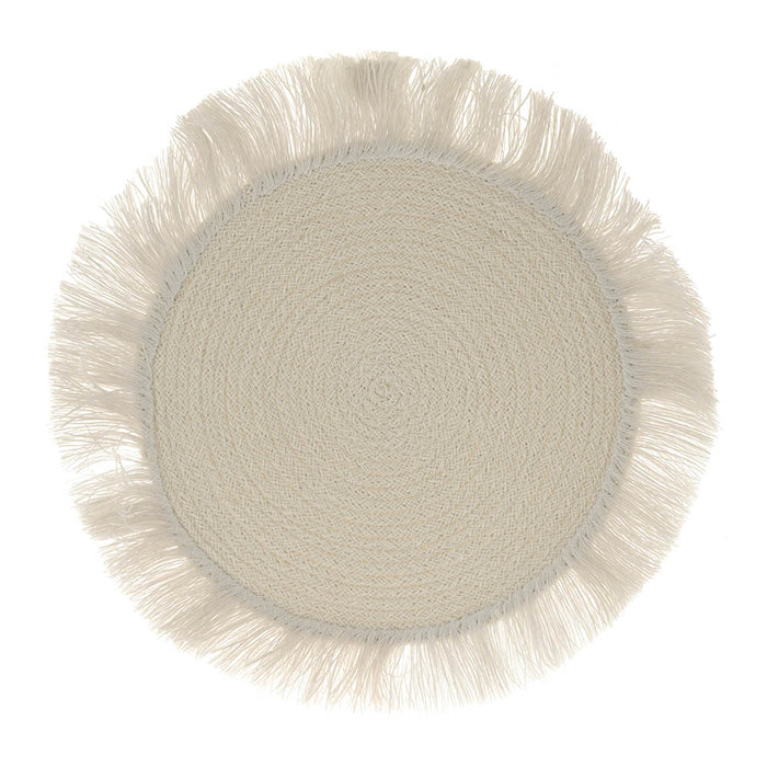 PLACEMAT Round Palm Fibre Fringed White 41cm