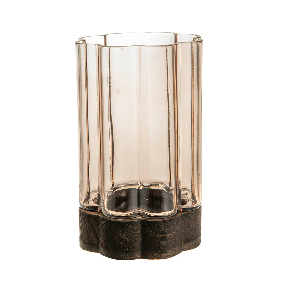 Flower Shaped Hurricane Large – Smoke Glass on Dark Wood Base
