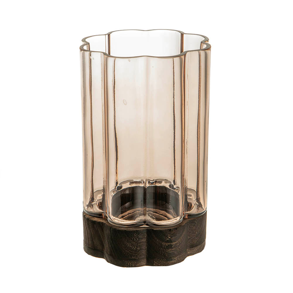 Flower Shaped Hurricane Large – Smoke Glass on Dark Wood Base