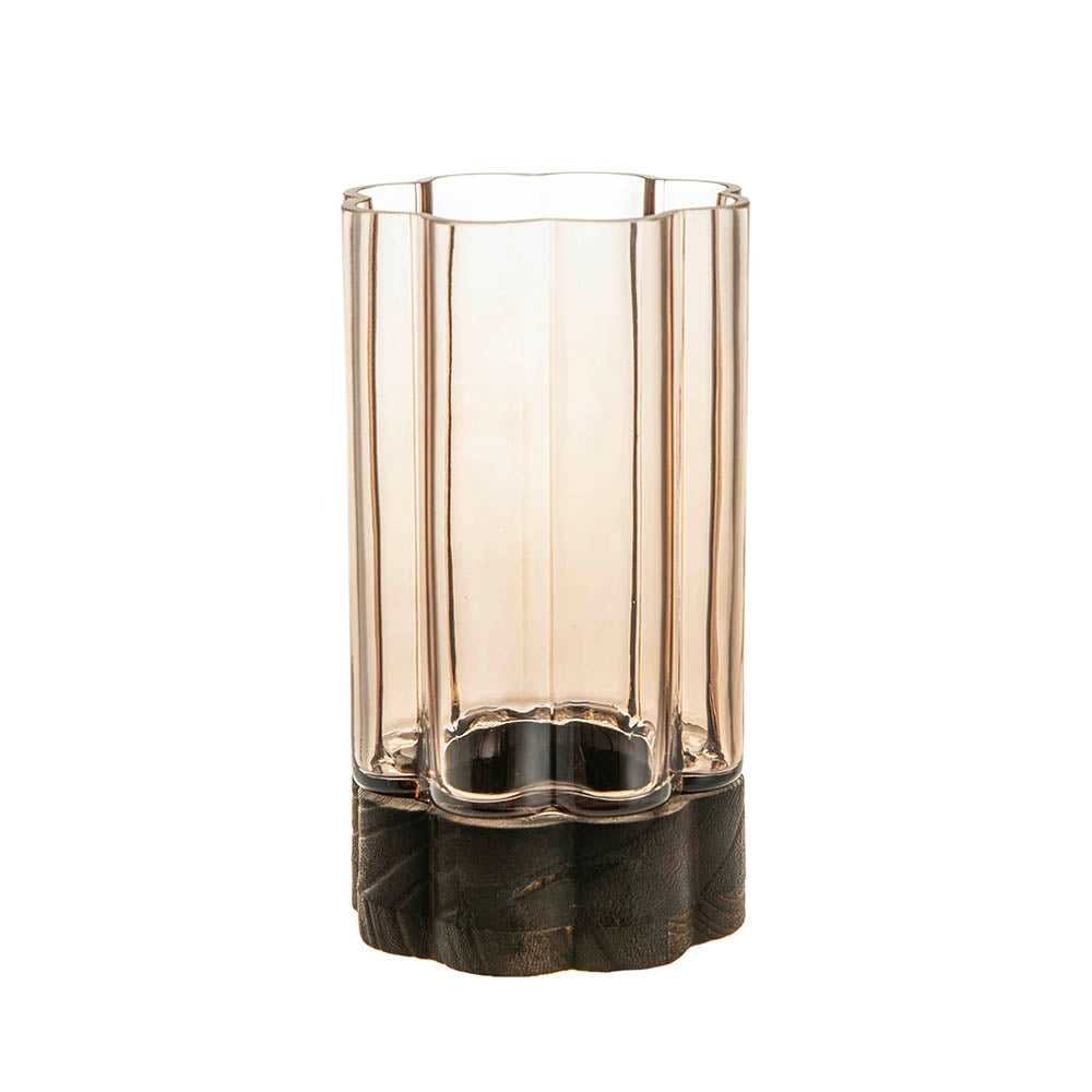 Flower Shaped Hurricane Small – Smoke Glass on Dark Wood Base