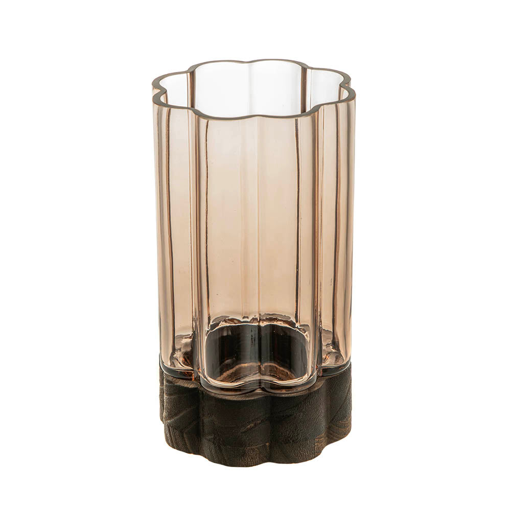 Flower Shaped Hurricane Small – Smoke Glass on Dark Wood Base
