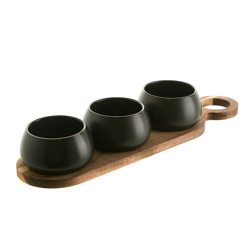 Acacia Wood Tray with 3 Black Bowls Tapas Set