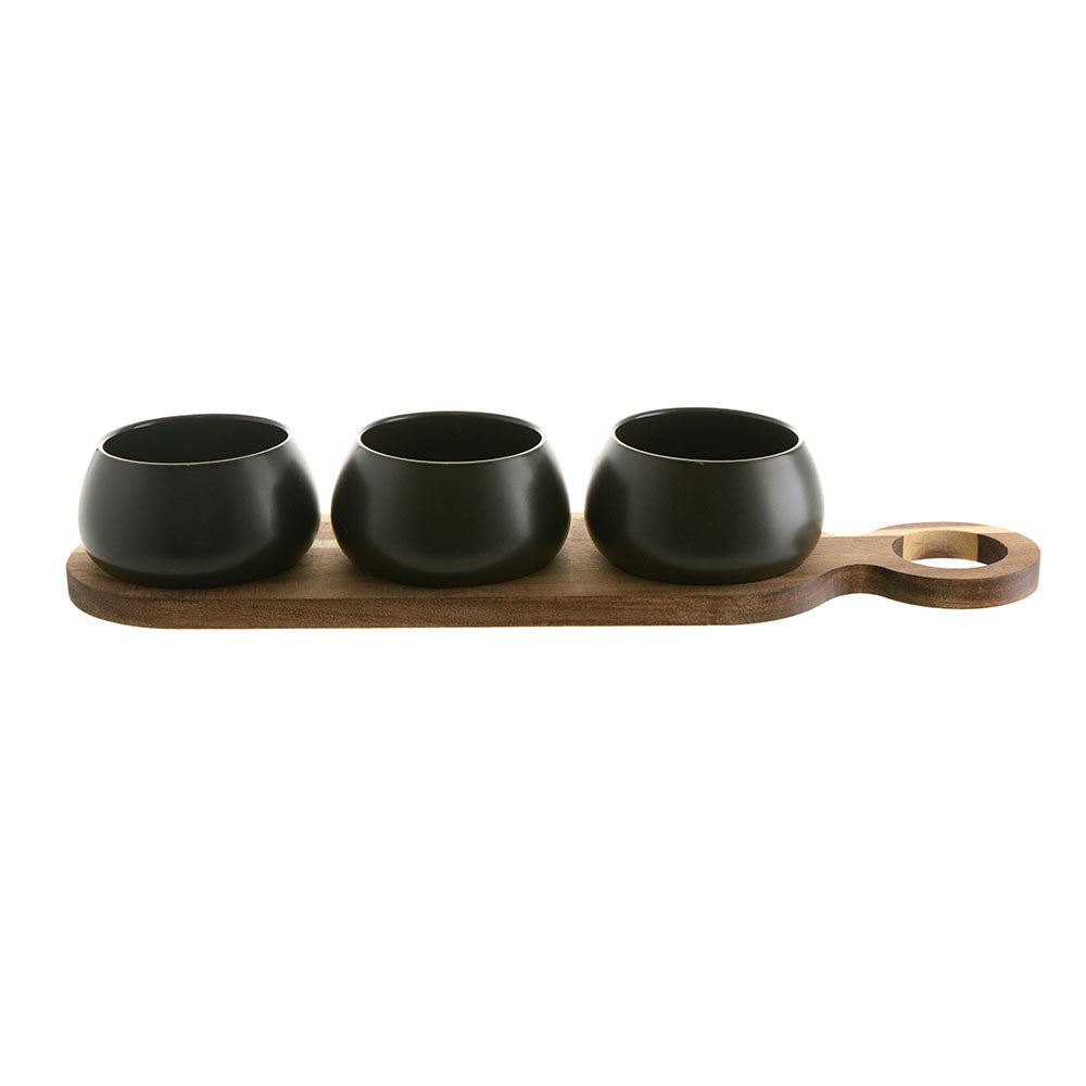 Acacia Wood Tray with 3 Black Bowls Tapas Set