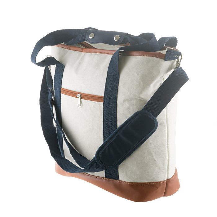 Cream/Tan & Navy Handles 35cm Cooler Tote Bag