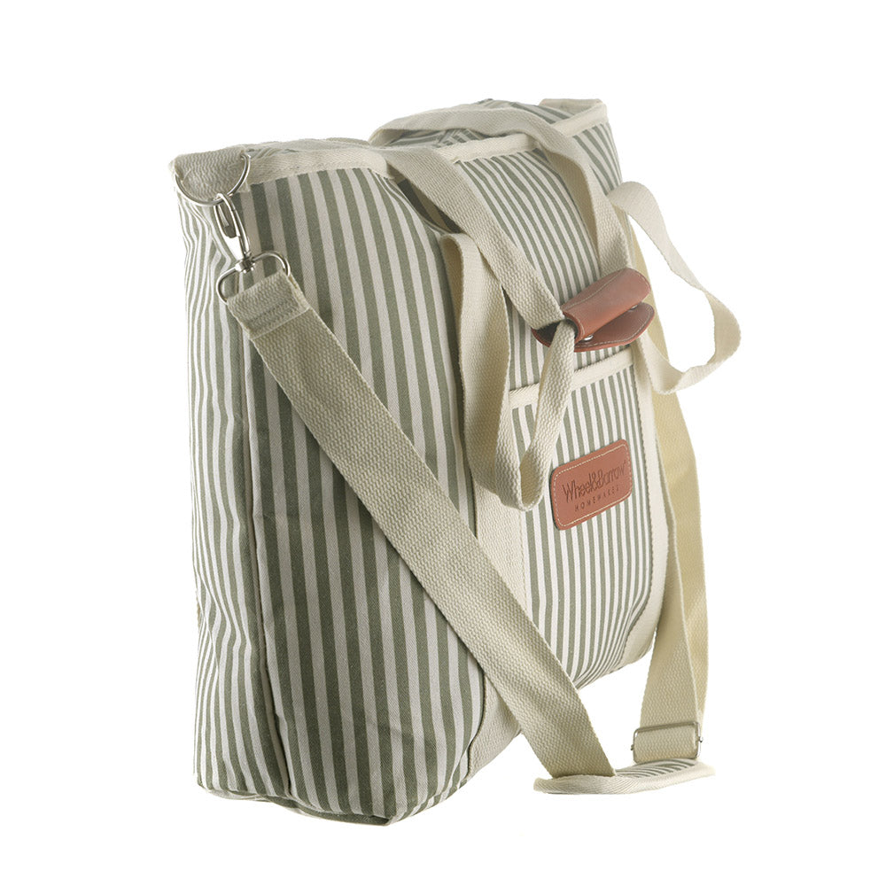 Cooler Tote Bag Cream & Green Stripes with Cream Handles