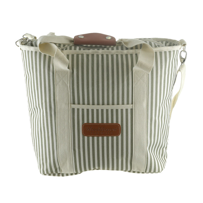 Cooler Tote Bag Cream & Green Stripes with Cream Handles