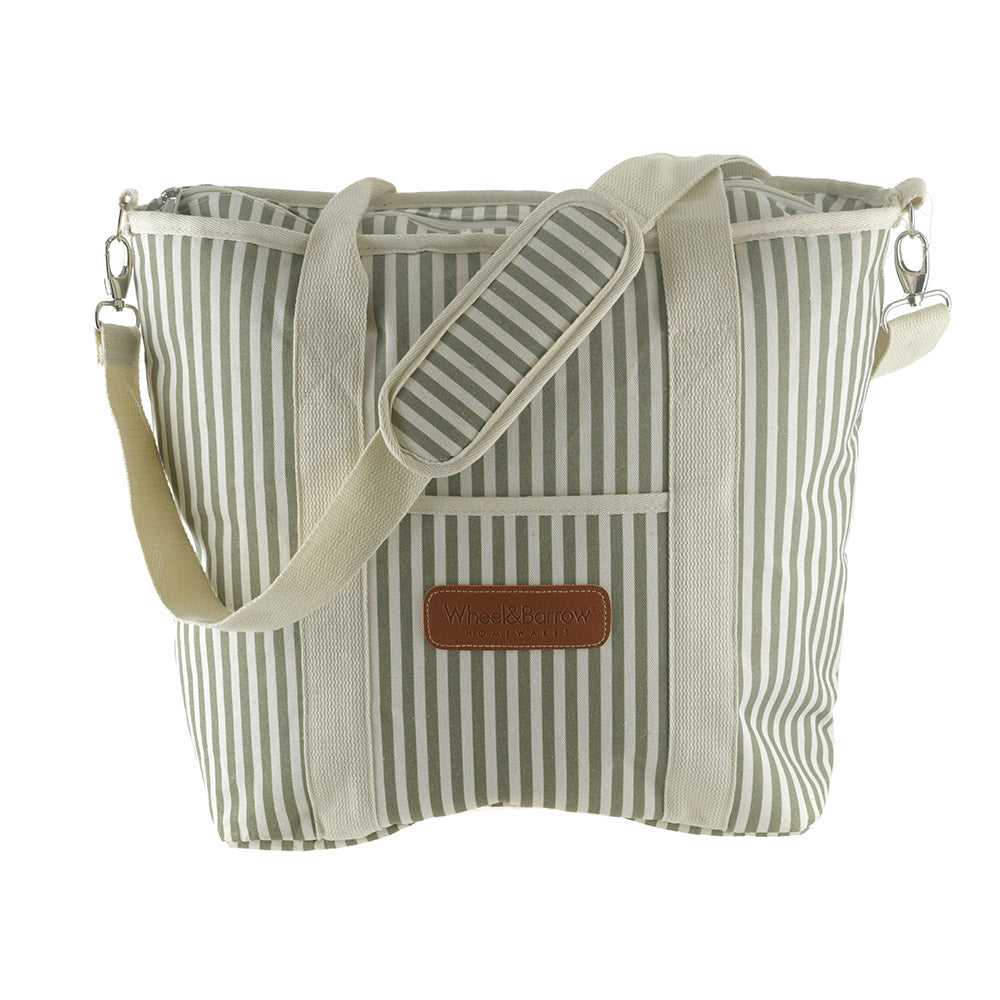 Cooler Tote Bag Cream & Green Stripes with Cream Handles