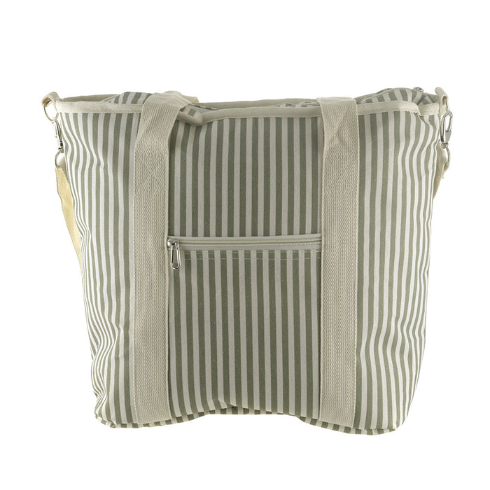 Cooler Tote Bag Cream & Green Stripes with Cream Handles