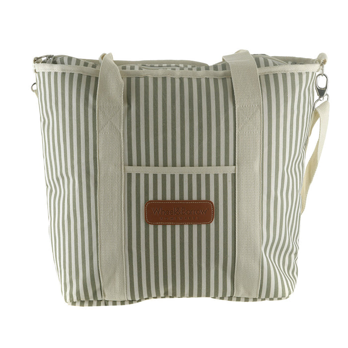 Cooler Tote Bag Cream & Green Stripes with Cream Handles