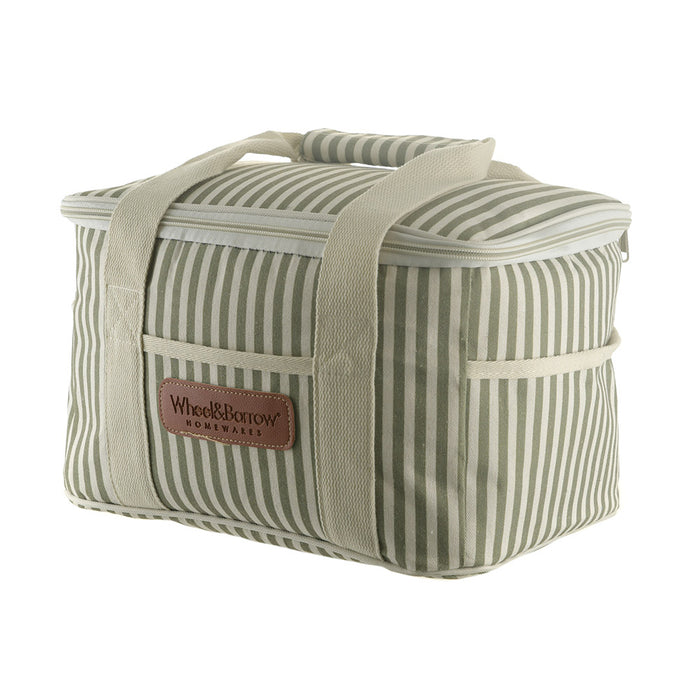 Picnic Cooler Bag Cream & Green Stripes with Cream Handles