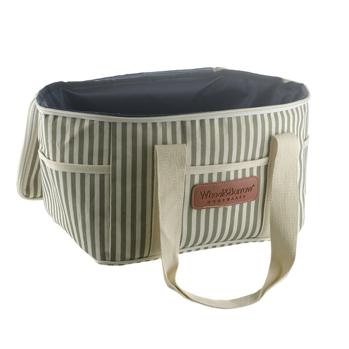 Picnic Cooler Bag Cream & Green Stripes with Cream Handles