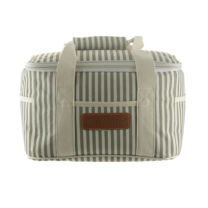 Picnic Cooler Bag Cream & Green Stripes with Cream Handles