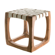 White Leather Weave 40cm Natural Wood Stool