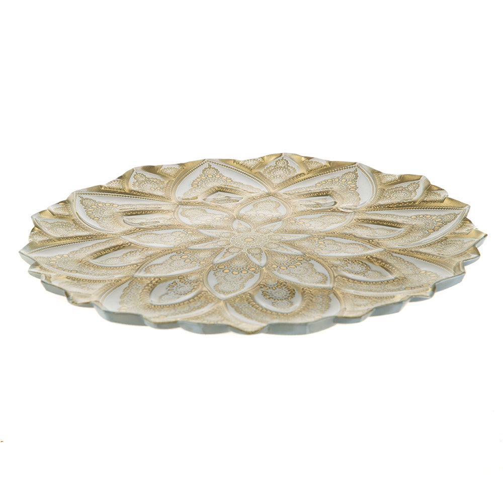 Gold & Pale Blue Mandala Round 33cm Glass Platter