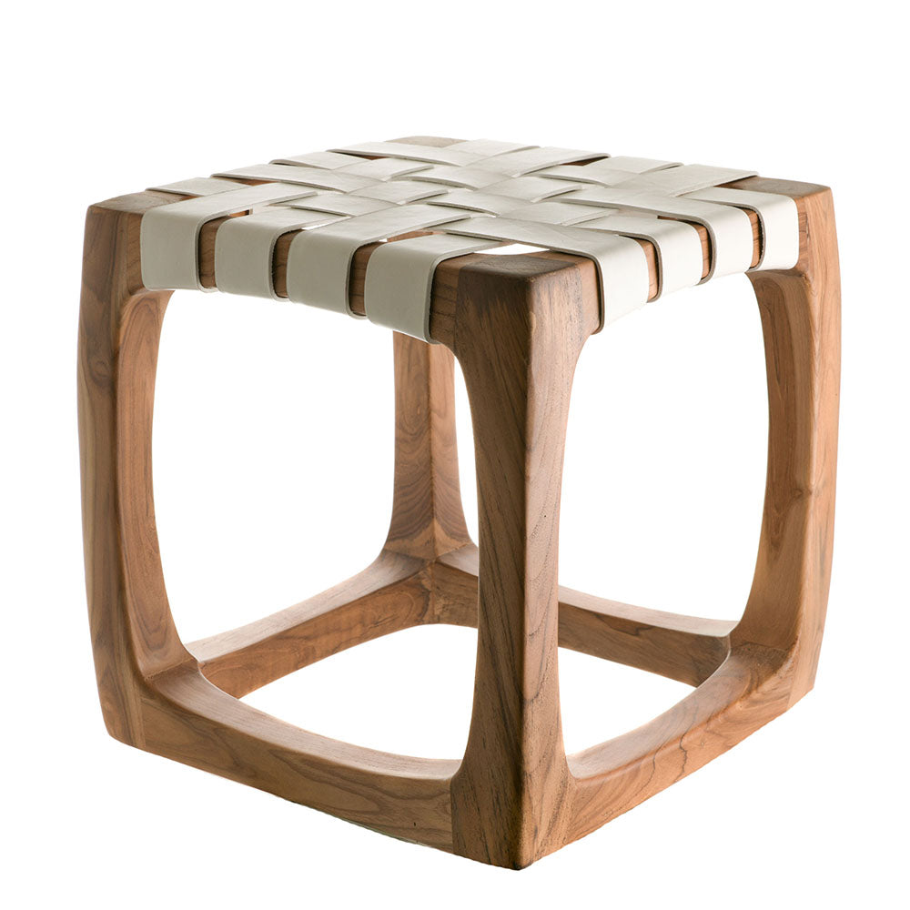 White Leather Weave 40cm Teakwood Stool