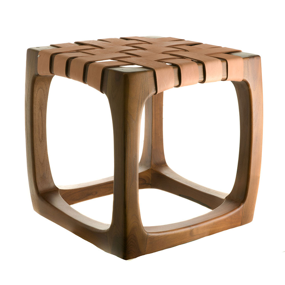 Natural Leather Weave 40cm Natural Wood Stool