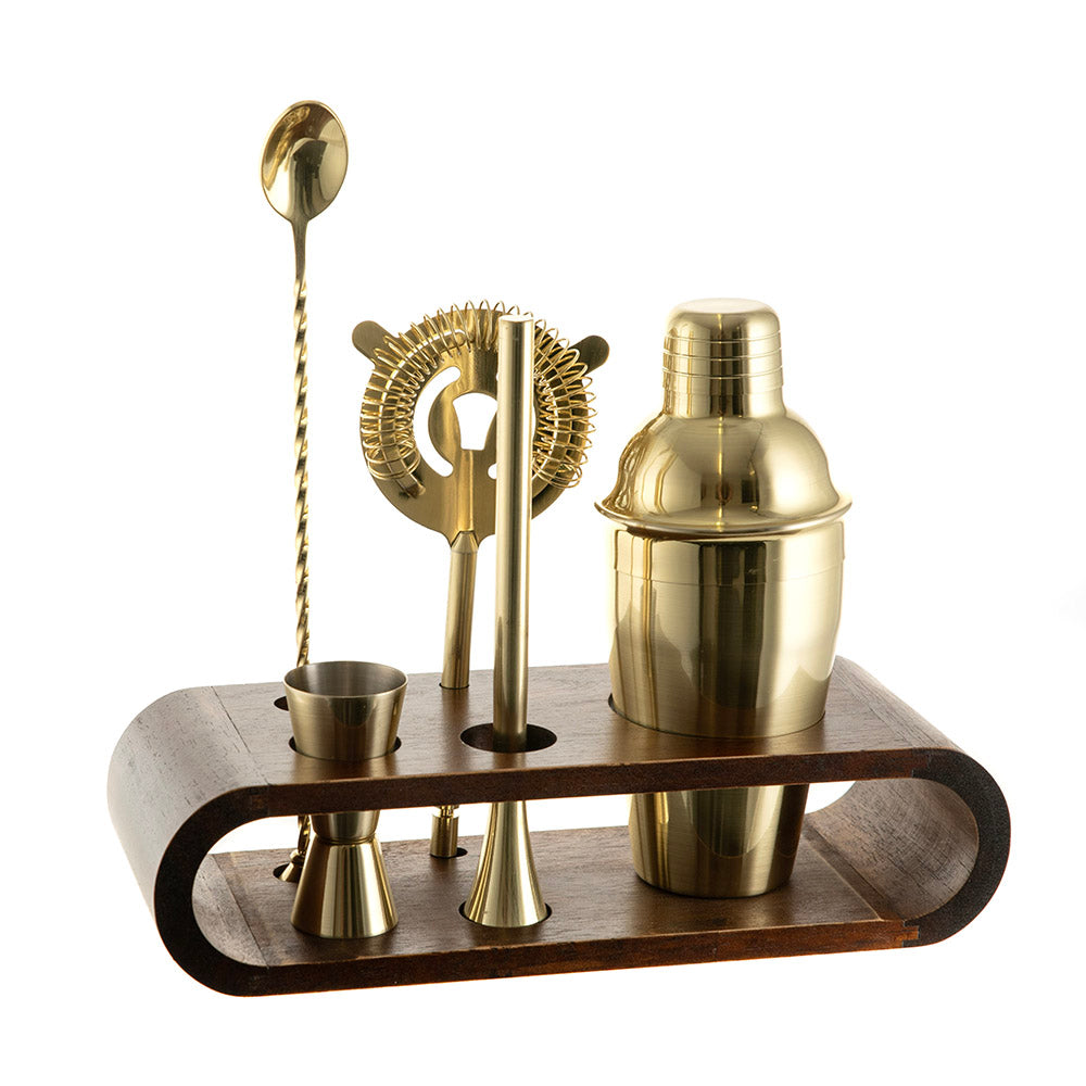 Stainless Steel & Gold Bar Tool Set with Rubberwood Base