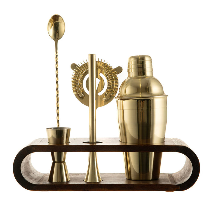 Stainless Steel & Gold Bar Tool Set with Rubberwood Base