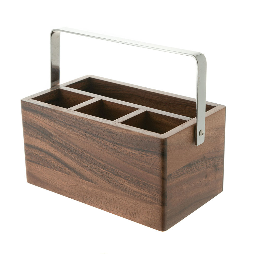Acacia Wood Cutlery Caddy with Chrome Carry Handle